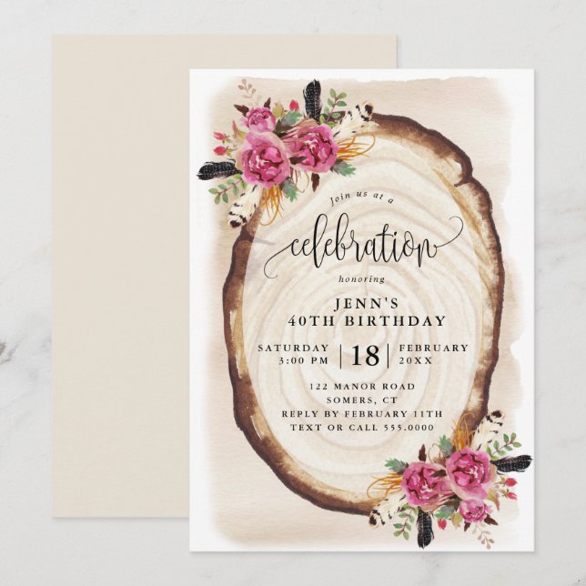 Convite Celebração de Aniversário, Fatia De Madeira Rosa F (Frente/Verso)