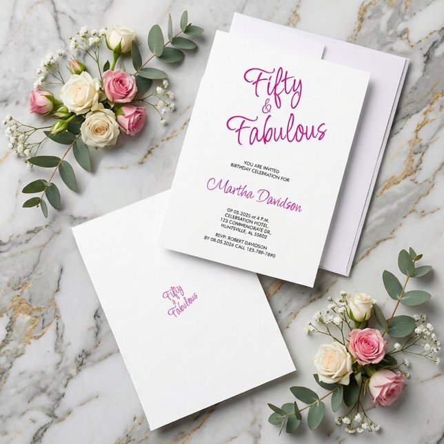 Convite Celebração de Aniversário Rosa Cinquenta e Fantást (Fifty & Fabulous Pink Birthday Celebration Invitation)