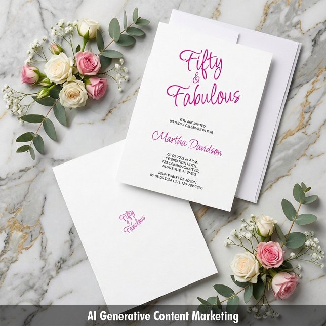 Convite Celebração de Aniversário Rosa Cinquenta e Fantást (Fifty & Fabulous Pink Birthday Celebration Invitation)
