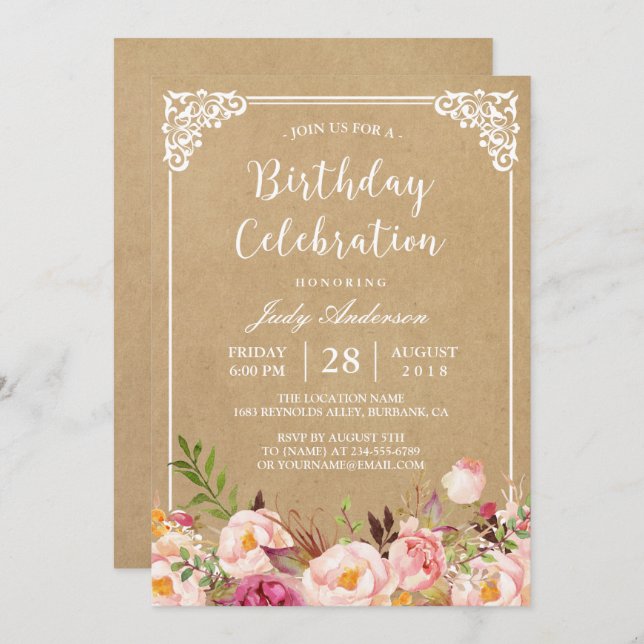 Convite Celebração de Aniversário | Rustic Floral Frame Kr (Frente/Verso)