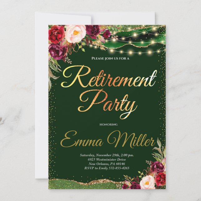 Convite Celebração de aposentadoria Dourada e Borgonha (Frente)