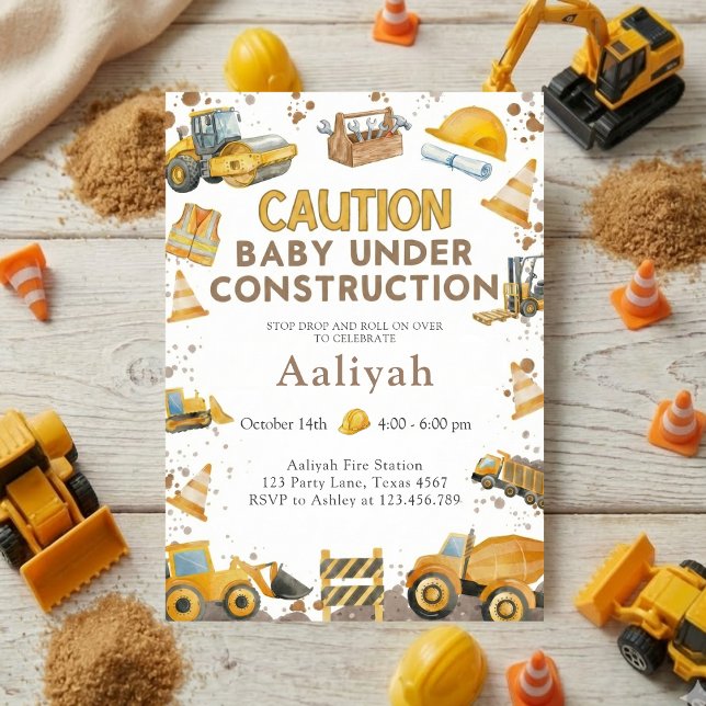 Convite celebração de baby boy com bulldozer de construção (Criador carregado)