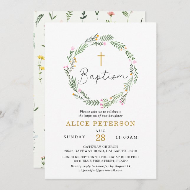 Convite Celebração de Batismo de Rapariga de Flores Selvag (Frente/Verso)