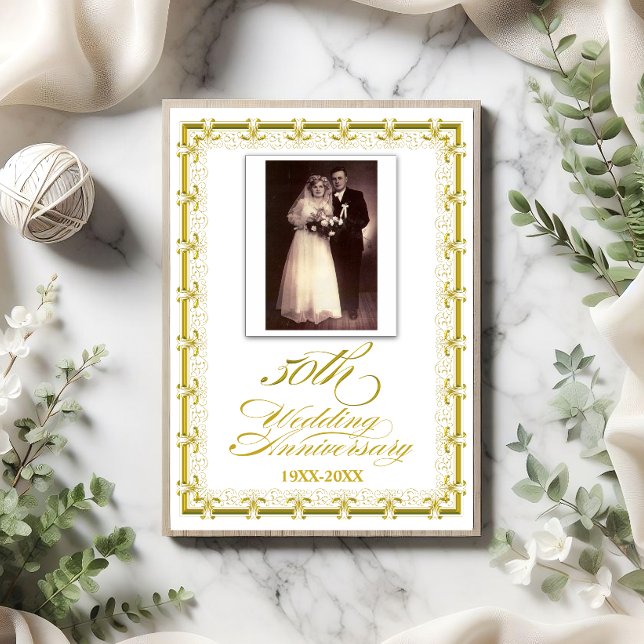 Convite Celebração de Bodas de Ouro dos 50 anos (Beautiful 50th wedding anniversary invite with photo and event details on the back.)