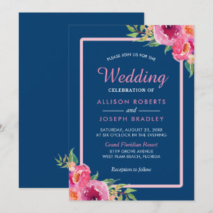 Convite Celebração de Casamento Azul de Marinho Floral R
