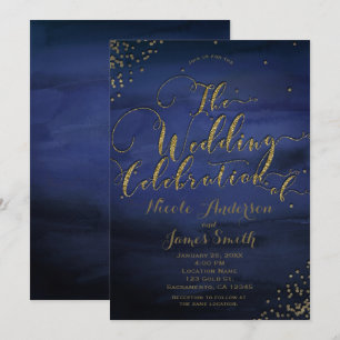 Convite Celebração de Casamento Azul e Dourado com Aquarel