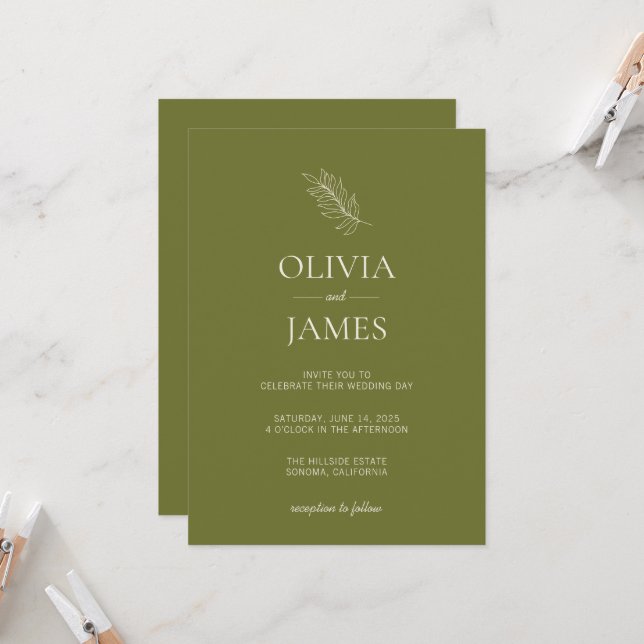 Convite Celebração de Casamento Botânico em Verde Oliva (Frente/Verso In Situ)