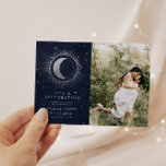 Convite Celebração de Casamento Celestial Silver Dois Foto<br><div class="desc">Nossa coleção "Casamento celeste Prateado" apresenta uma bela lua crescente com estrelas prateadas em vários designs sobre um fundo azul-da-meia-noite de veludo emparelhado com fontes elegantes. Fácil de personalizar e você pode escolher entre muitos itens desta coleção em nossa loja.</div>