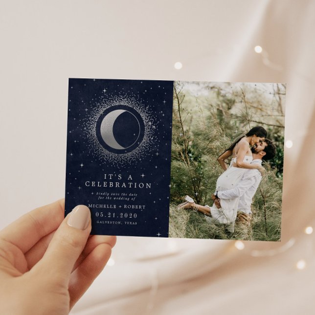 Convite Celebração de Casamento Celestial Silver Dois Foto (Criador carregado)