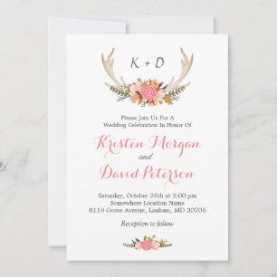 Convite Celebração de Casamento Chic Floral Deer Antler Bo