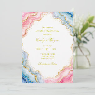 Convite Celebração de Casamento com Ágata Rosa Azul Dourad