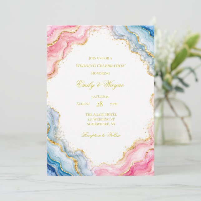 Convite Celebração de Casamento com Ágata Rosa Azul Dourad (Em pé/Frente)