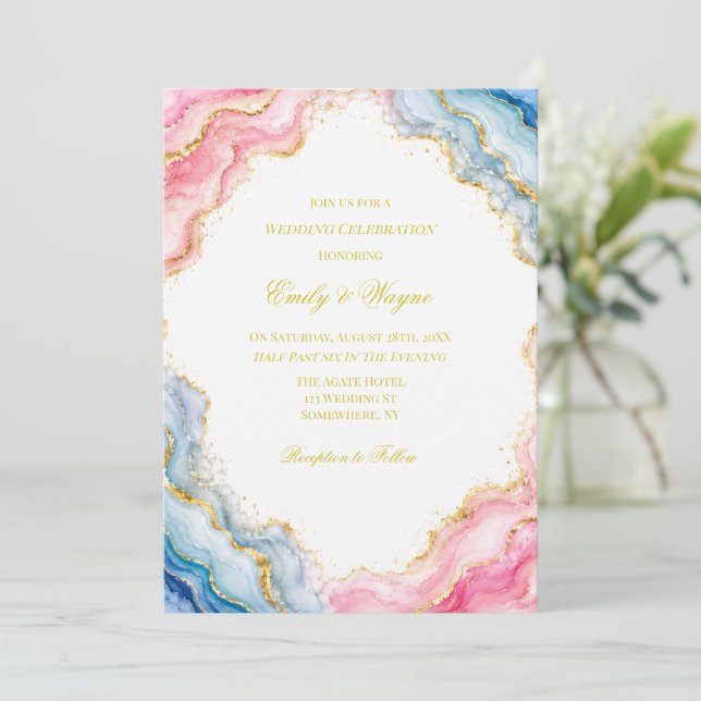 Convite Celebração de Casamento com Ágata Rosa Azul Dourad (Em pé/Frente)