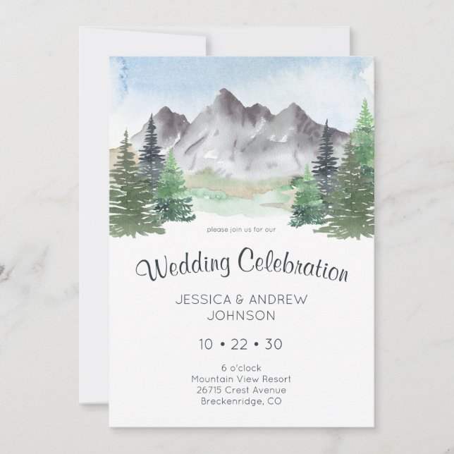 Convite Celebração de Casamento com Aquarela de Montanha (Frente)
