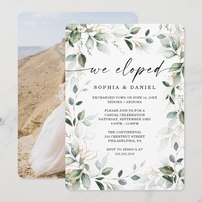Convite Celebração de Casamento com Aquarela Verde e Doura (Frente/Verso)