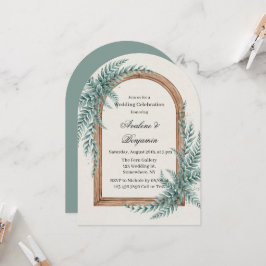 Convite Celebração de Casamento com Arco de Madeira e Folh