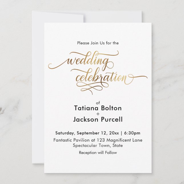 Convite Celebração de Casamento com Caligrafia em Ouro Ele (Frente)