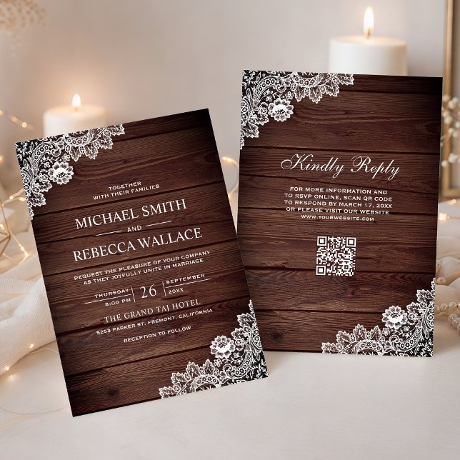 Convite Celebração de Casamento com Código QR em Madeira R (Criador carregado)