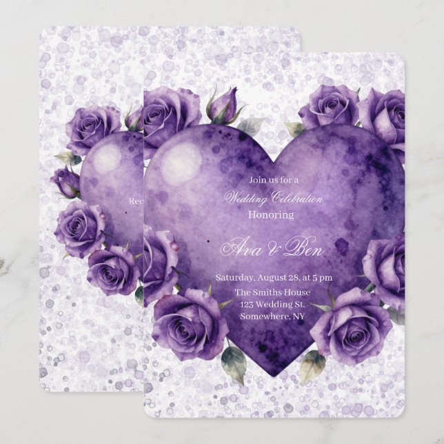 Convite Celebração de Casamento com Coração e Rosas Pintad (Frente/Verso)