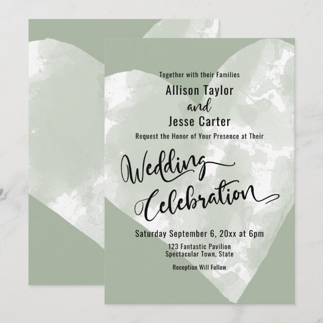 Convite Celebração de Casamento com Coração em Aquarela so (Frente/Verso)