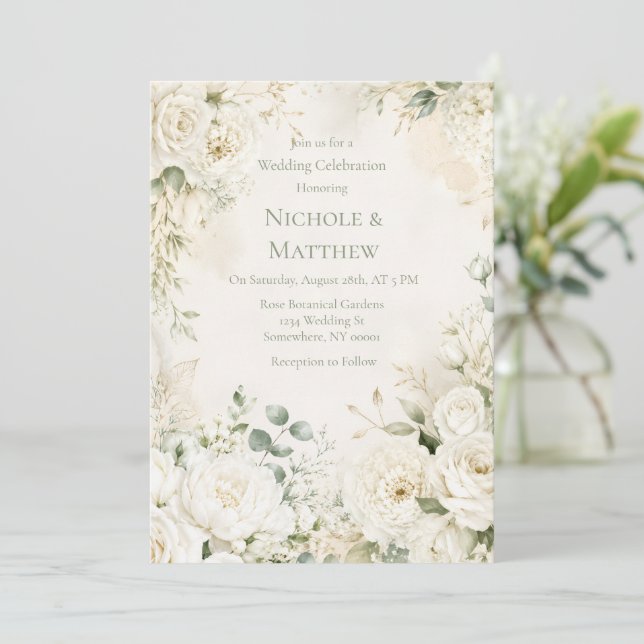 Convite Celebração de Casamento com Florais de Marfim Eleg (Em pé/Frente)