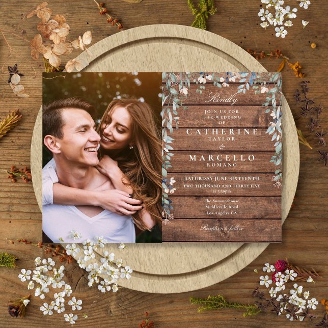 Convite Celebração de Casamento com Foto de Flor de Campo  (Rustic Barn Wood Floral Wildflowers Photo Wedding Invitation)