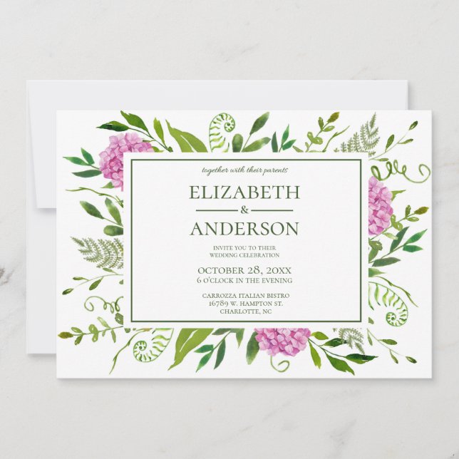 Convite Celebração de Casamento com Hortênsias Rosa (Frente)
