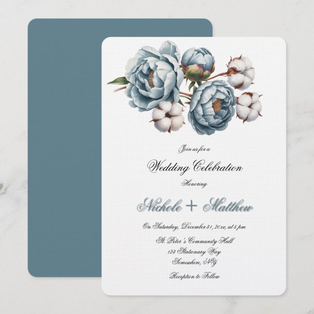 Convite Celebração de Casamento com Peônia Azul Desbotada  (Frente/Verso)