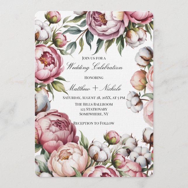 Convite Celebração de Casamento com Peônia Rosa e Algodão (Frente)