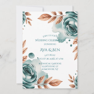 Convite Celebração de Casamento com Rosas Azul-Verde e Fol