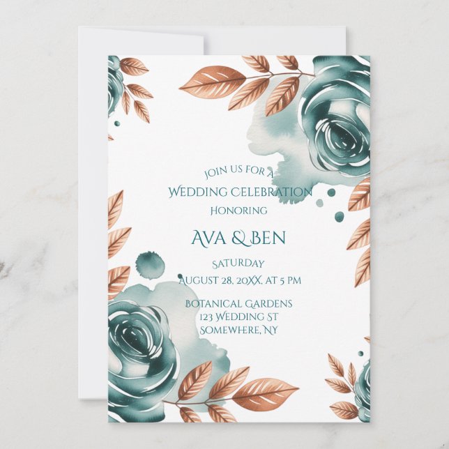 Convite Celebração de Casamento com Rosas Azul-Verde e Fol (Frente)