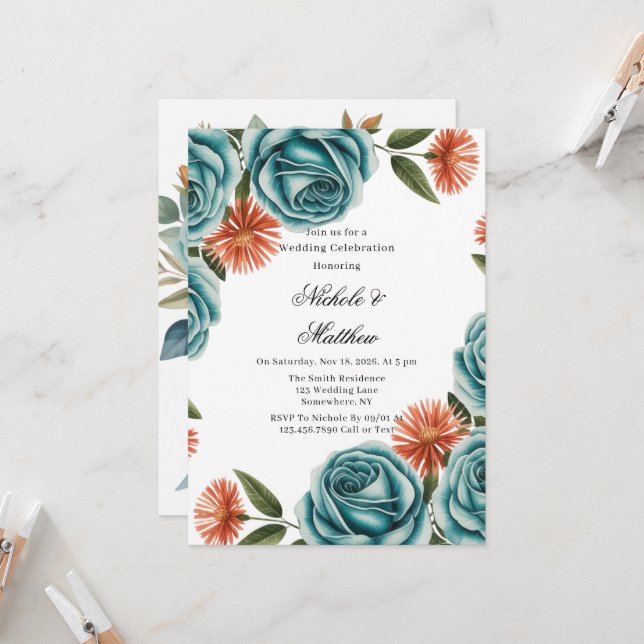 Convite Celebração de Casamento com Rosas Azul-Verdes e Fl (Frente/Verso In Situ)