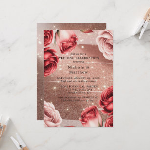 Convite Celebração de Casamento com Rosas vermelhas e Glit