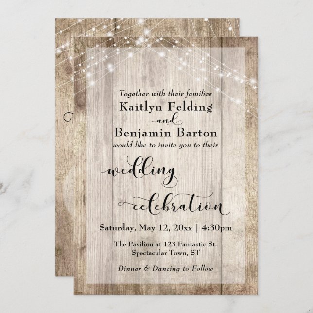 Convite Celebração de Casamento das Luzes de Madeira Pálid (Frente/Verso)