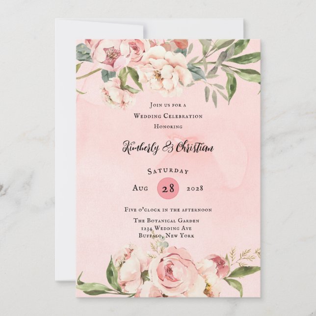 Convite Celebração de Casamento de Aquarela de Peonia Rosa (Frente)