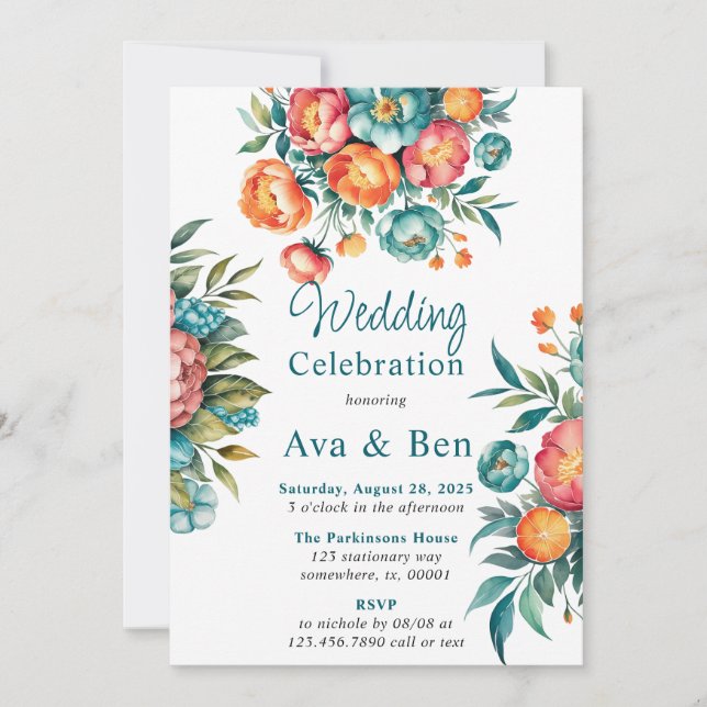 Convite Celebração de Casamento de Buquês de Pêonias Radia (Frente)