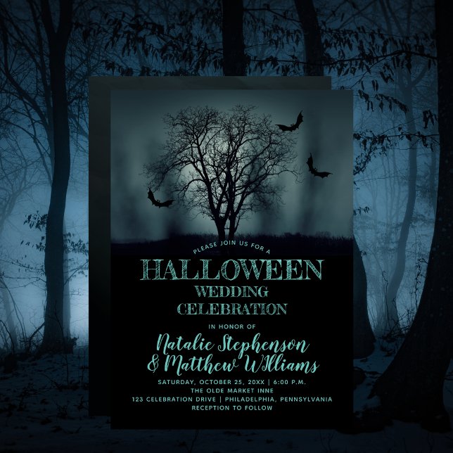 Convite Celebração de Casamento de Halloween de Eerie Tree (Eerie Tree Bats Halloween Wedding Celebration Invitation)