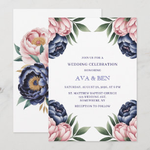 Convite Celebração de Casamento de Penas Azul-Blush e Mari