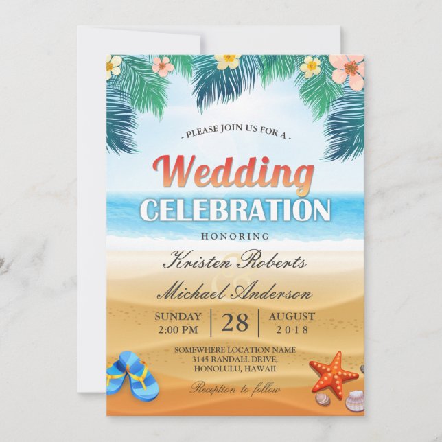 Convite Celebração de Casamento de Verão Tropical na Praia (Frente)