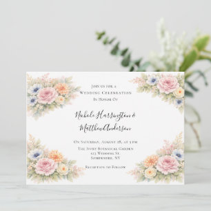 Convite Celebração de Casamento Floral com Aquarela Suave