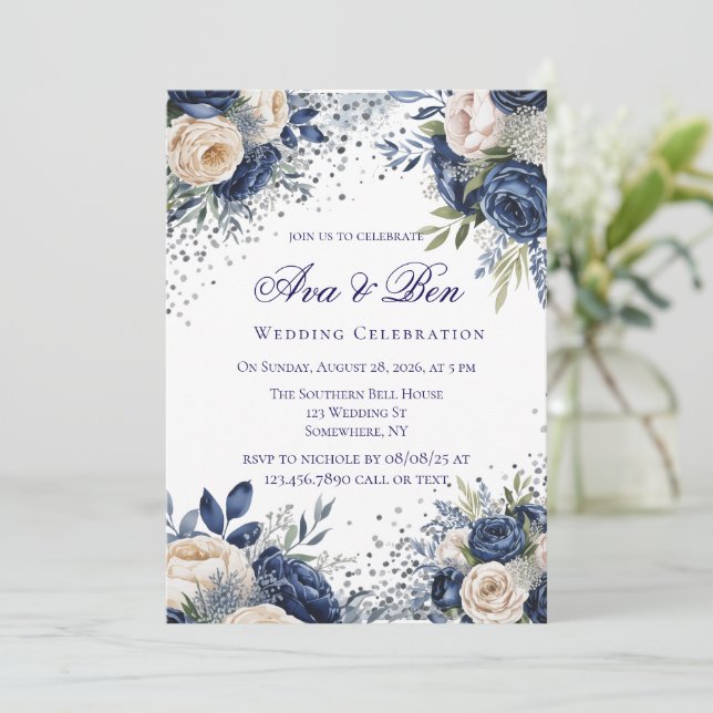 Convite Celebração de Casamento Floral de marinho Azul e M (Em pé/Frente)