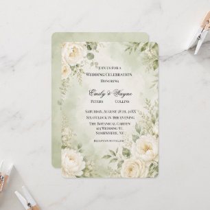 Convite Celebração de Casamento Floral em Verde Salvia e M