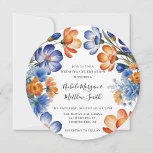 Convite Celebração de Casamento Floral Laranja e Azul Coba