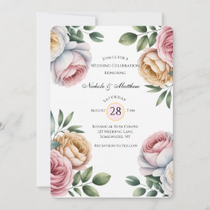 Convite Celebração de Casamento Floral Rosa e Bege Blush e