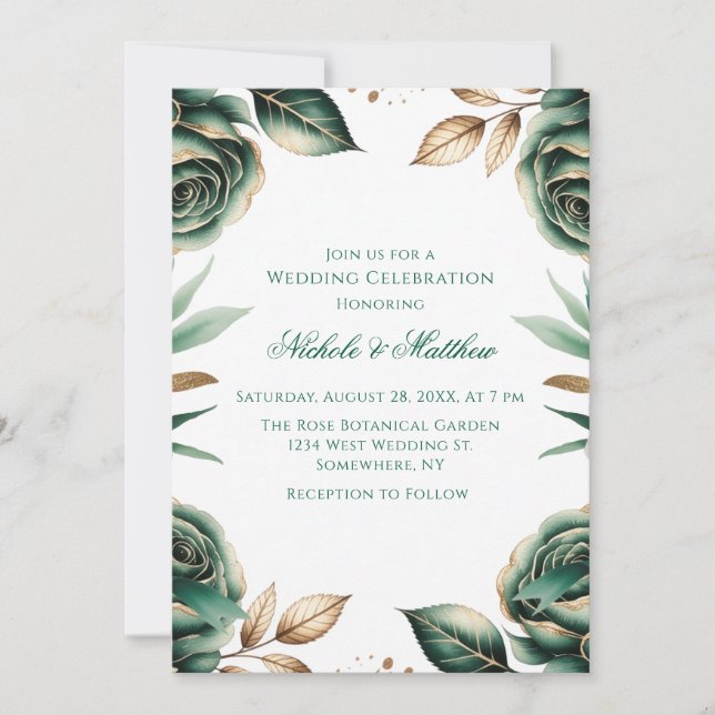 Convite Celebração de Casamento Floral Verde Esmeralda e D (Frente)