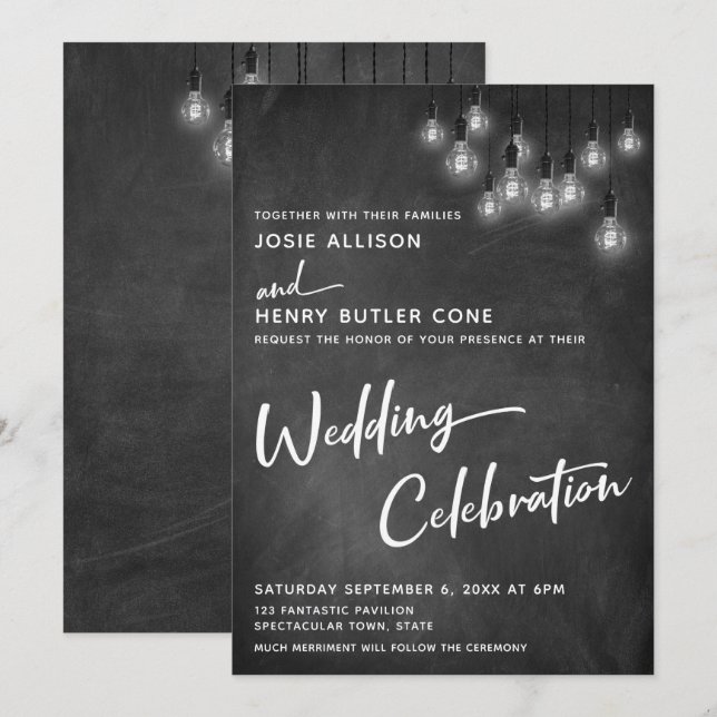 Convite Celebração de Casamento Luzes Edison Quadro Negro (Frente/Verso)
