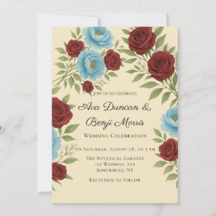 Convite Celebração de Casamento Lyons Blue Peony & Red Ros