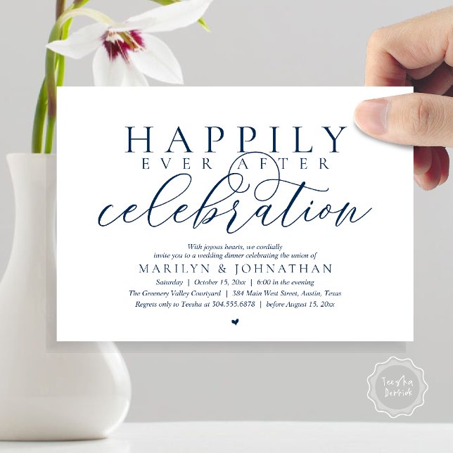 Convite Celebração de Casamento Moderna Feliz para Sempre (Happily Ever After Modern Wedding Celebration Dinner Brunch, Lunch, Invites Card in Navy Blue)