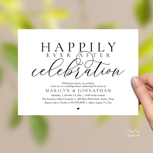 Convite Celebração de Casamento Moderna Feliz para Sempre (Happily Ever After Modern Wedding Celebration Dinner Brunch, Lunch, Invites Card in Black and White)