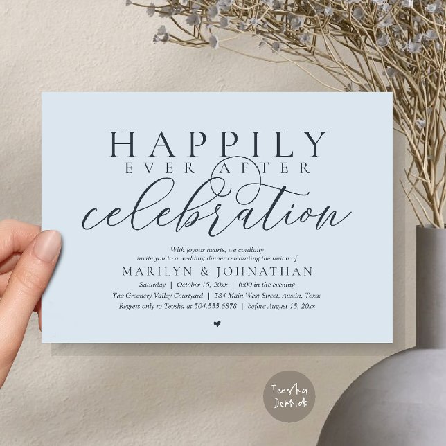 Convite Celebração de Casamento Moderna Feliz para Sempre (Happily Ever After Modern Wedding Celebration Dinner Brunch, Lunch, Invites Card in Misty Blue)